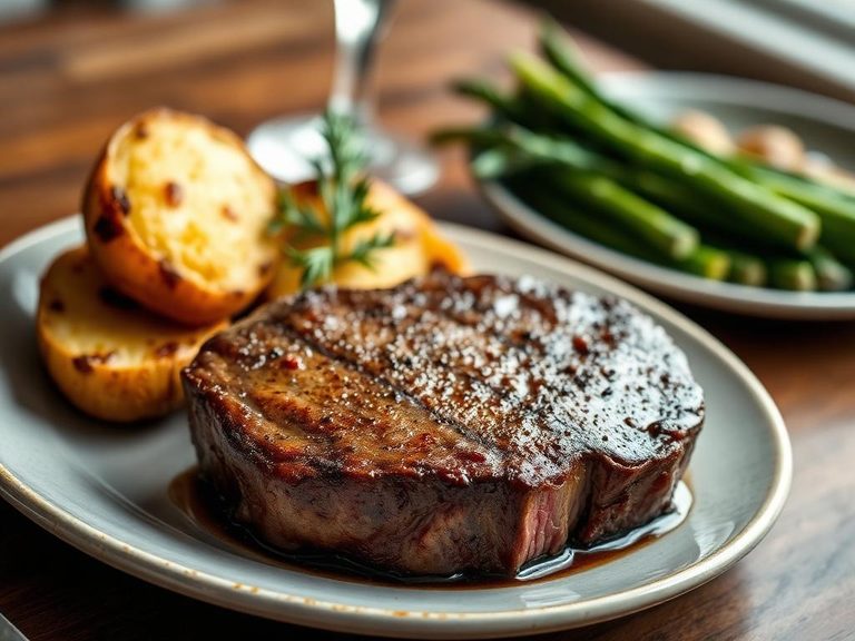 T-bone steak with roasted potatoes and asparagus