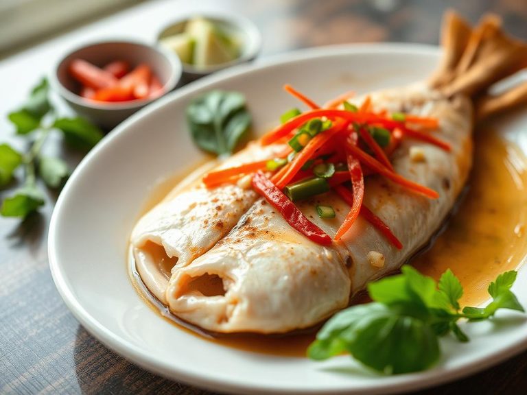 Thai Pla Neung Manao (steamed fish with lime and chili)