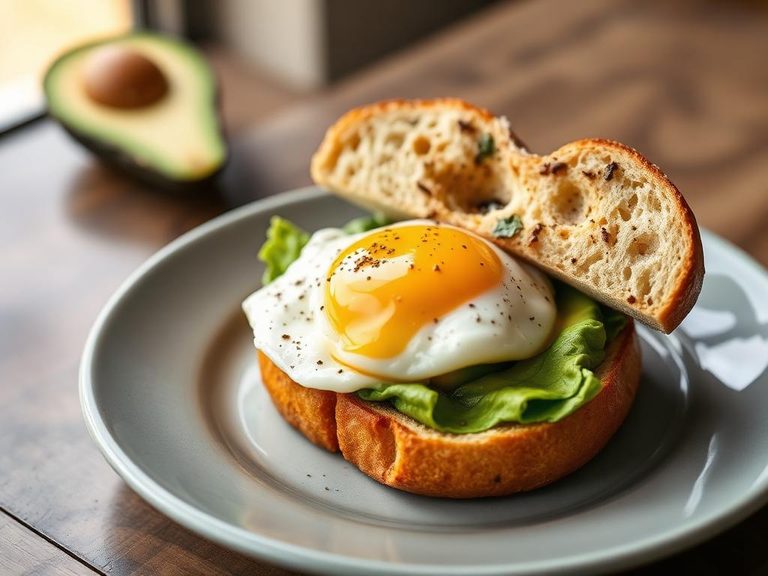 Toasted bagel with avocado and egg