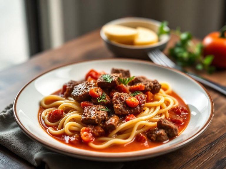 Tomato-based venison stew with egg noodles