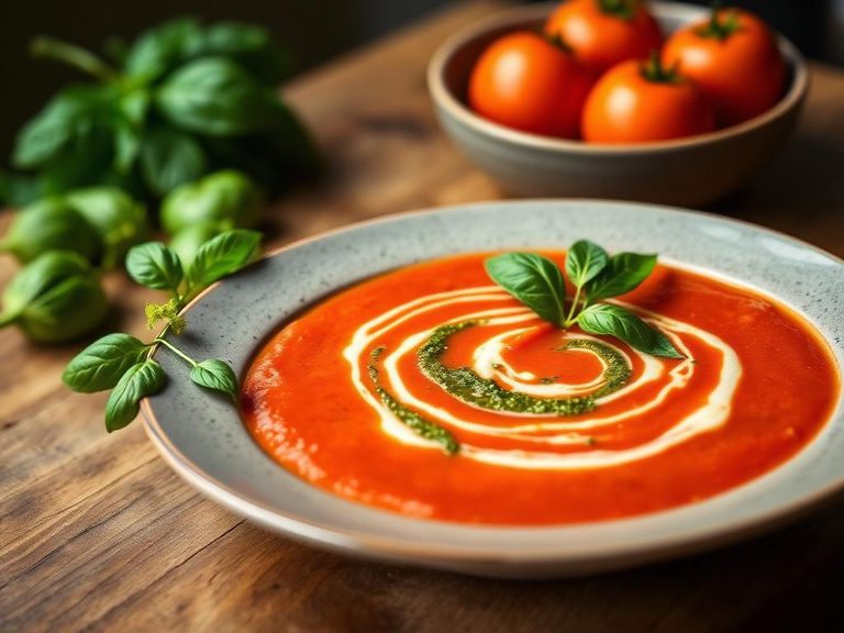 Tomato Soup with Basil Pesto Swirl