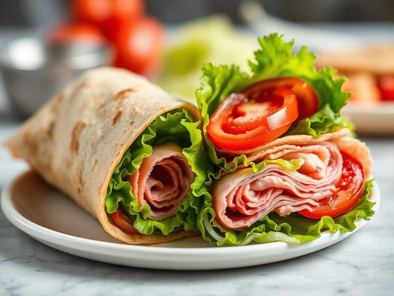 Turkey and ham wrap with lettuce and tomato