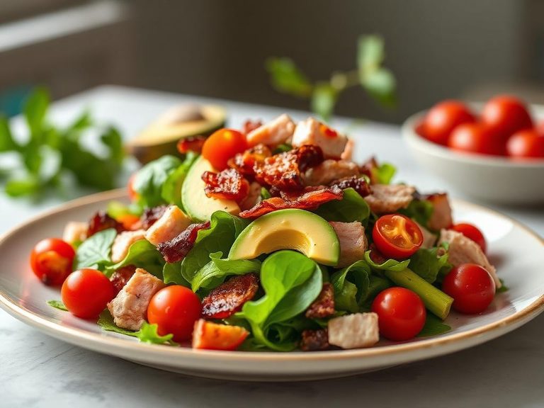 Turkey bacon salad with avocado and cherry tomatoes