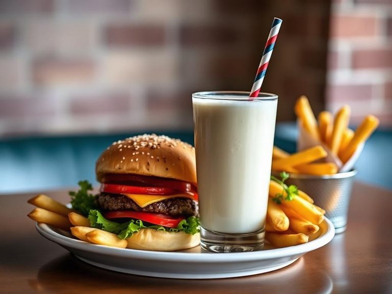 Vanilla Shake with a Burger and Fries