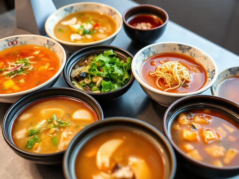 Various Asian-style soups and broths