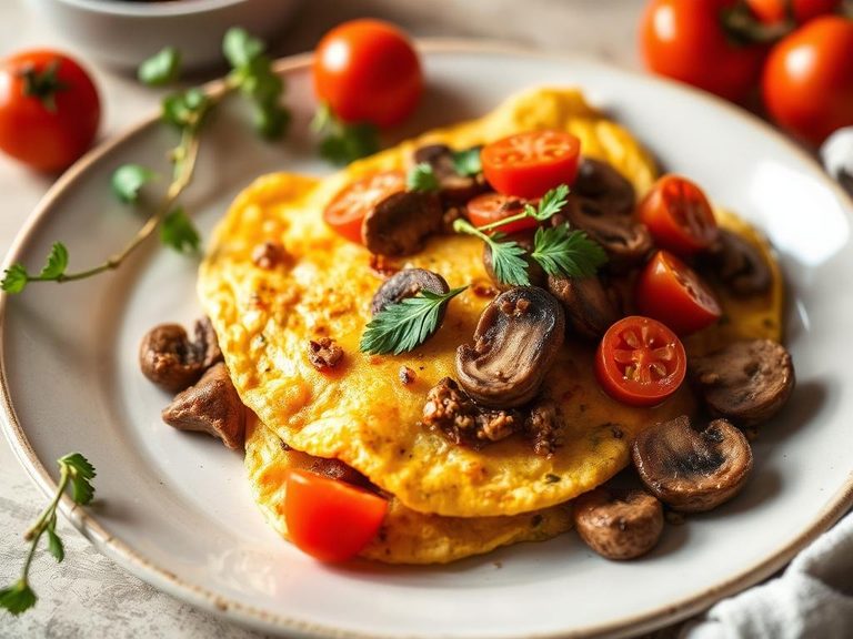 Vegan omelet with mushrooms and tomatoes
