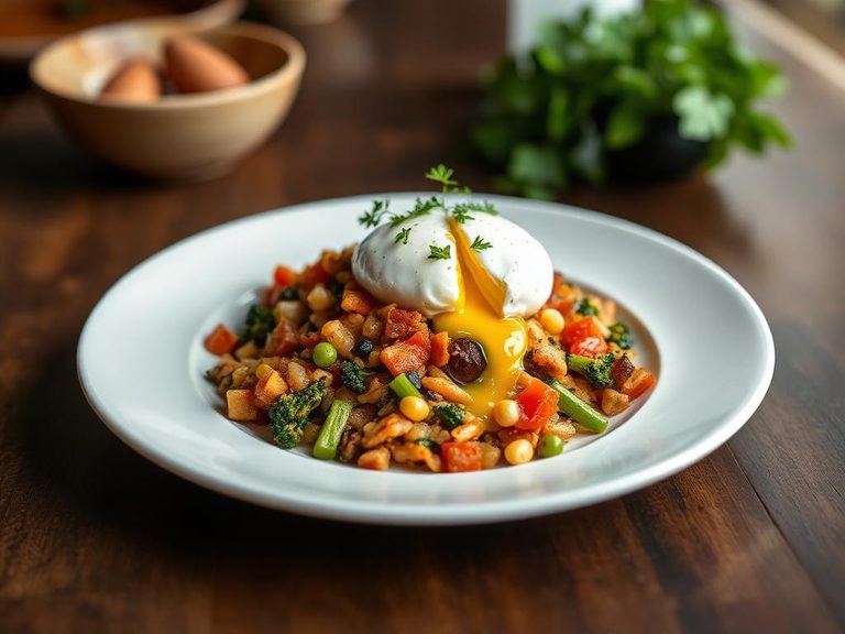 Vegetable Hash with a Poached Egg