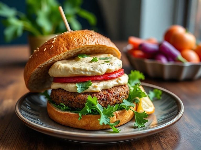 Veggie burger with hummus