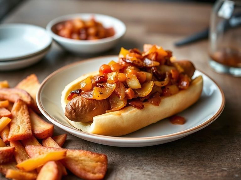 Veggie Dog with Caramelized Onions and Relish