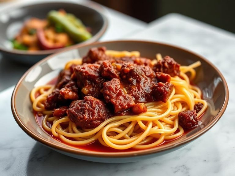 Venison chili with noodles