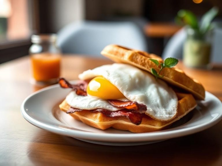 Waffle breakfast sandwich with bacon and egg