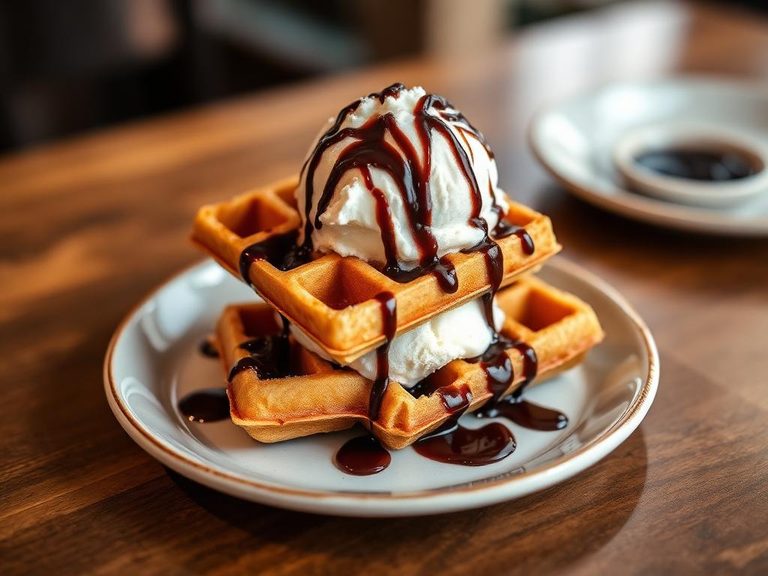 Waffle sundae with ice cream and chocolate sauce