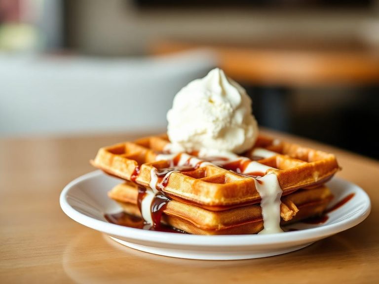 Waffle sundae with ice cream
