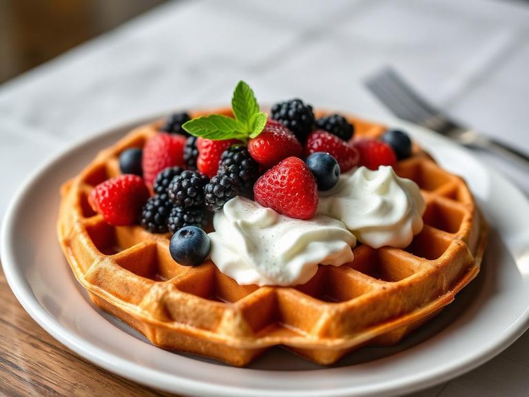 Waffle with berries and whipped cream