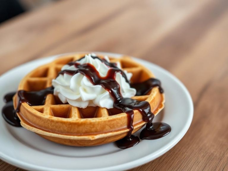 Waffle with chocolate sauce and whipped cream
