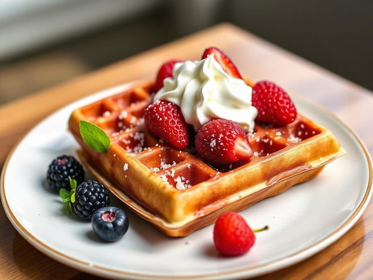 Waffle with fresh berries and whipped cream