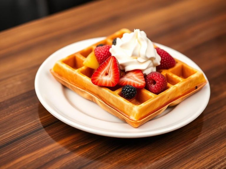 Waffle with fresh fruit and whipped cream
