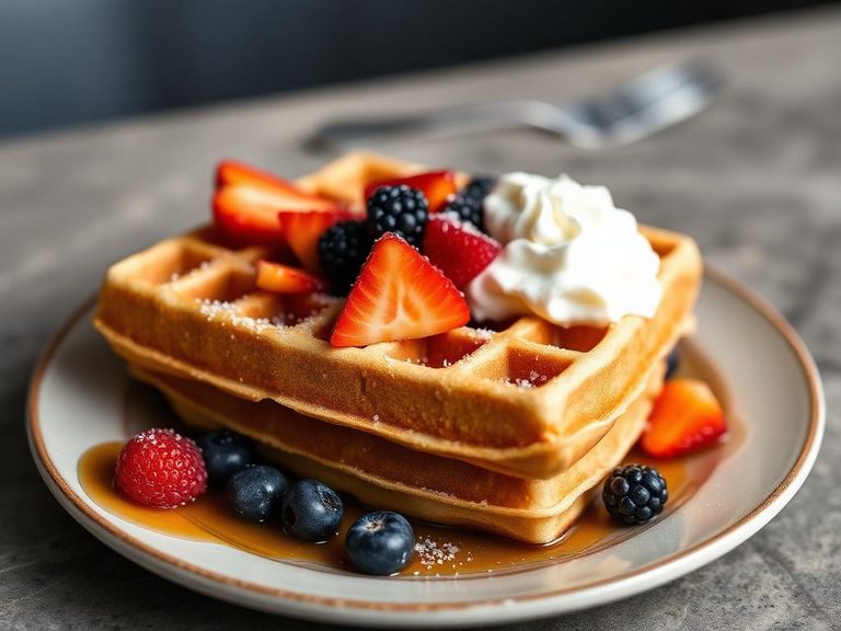 Waffle with fruit and whipped cream