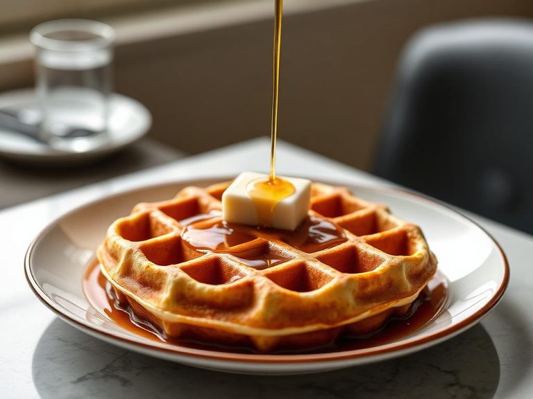 Waffle with maple syrup and butter