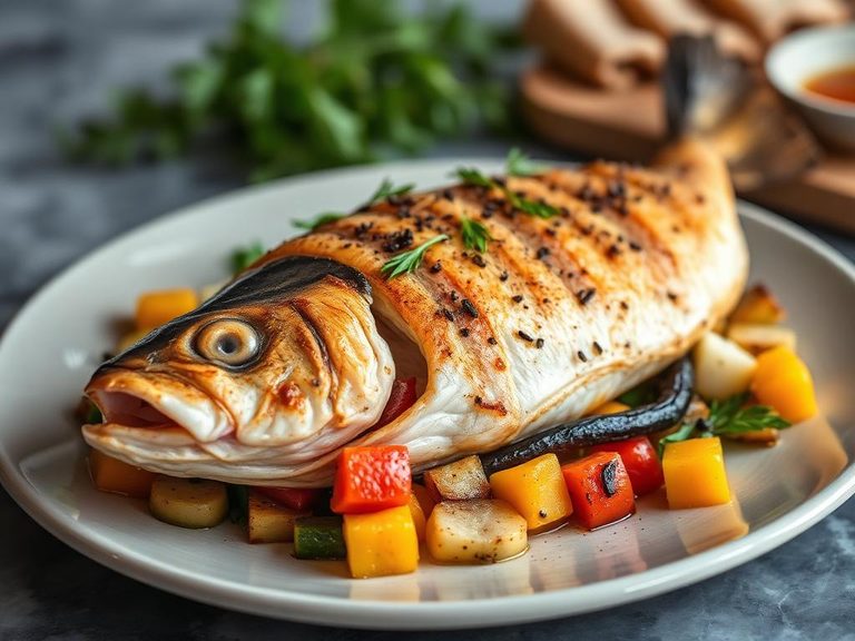 Whole roasted bass with Mediterranean vegetables