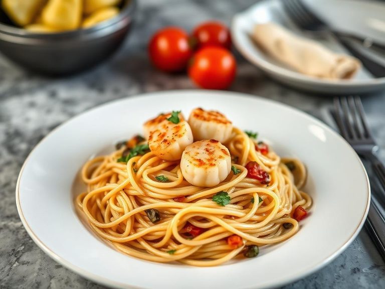 Whole wheat spaghetti with scallops and vegetables