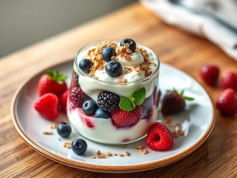 Yogurt parfait with berries and bran flakes