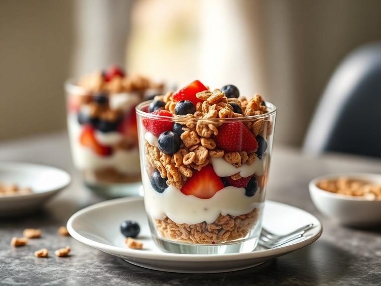 Yogurt parfait with layered cereal and fruit