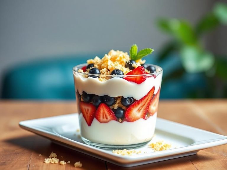 Yogurt parfait with layered fruit and flakes