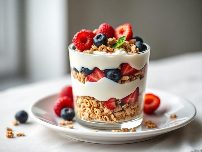 Yogurt parfait with layers of cereal and berries