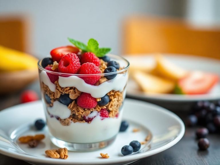 Yogurt parfait with layers of cereal, berries, and nuts