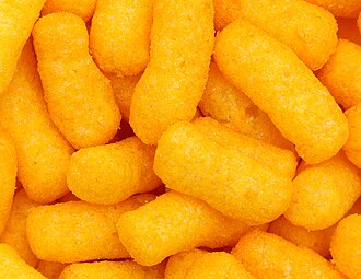 Snacks, corn-based, extruded, puffs or twists, cheese-flavor, unenriched