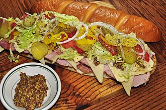 Fast foods, submarine sandwich, roast beef on white bread with lettuce and tomato