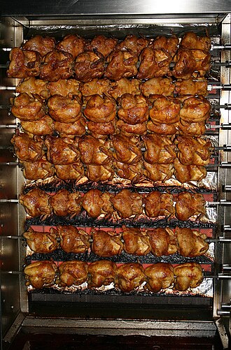 Chicken, broilers or fryers, rotisserie, original seasoning, thigh, meat and skin, cooked