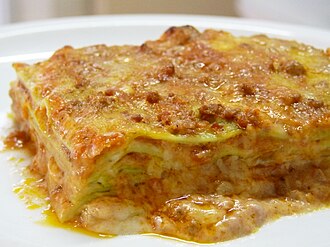 Lasagna, cheese, frozen, prepared