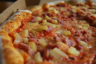 Pizza with meat and fruit, thick crust